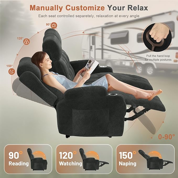 RV Loveseat Recliner Sofa, Massage Wall Hugger 3-Seater Recliners Couch