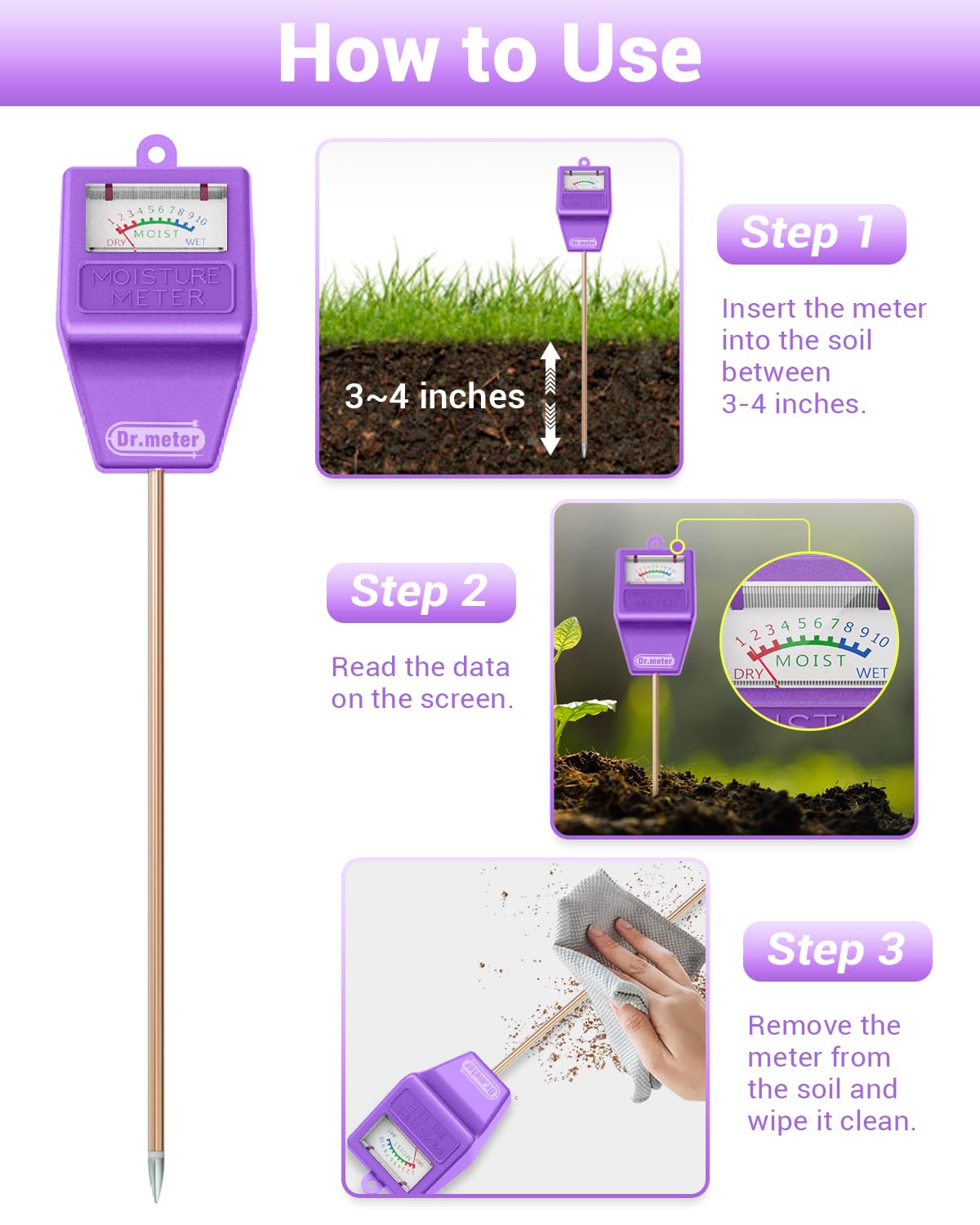Dr.meter Soil Moisture Meter Tester for Plants, Hygrometer Moisture Sensor for Houseplants Indoor Outdoor Garden Lawn Use - Plant Water Meter Gauge Test Kit, No Battery Needed - Gardening Gifts