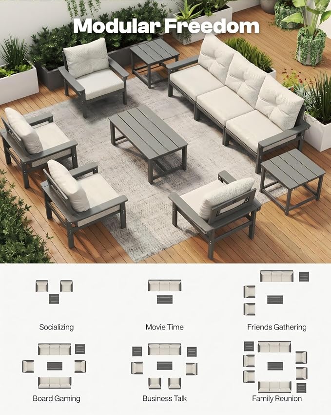 HDPE Outdoor Patio Furniture Set, 6-Piece Patio Conversation Sets with Coffee Table & Side Table & Beige Washable Thick Cushions, Outdoor Sofa for Balcony, Porch (Grey Frame)