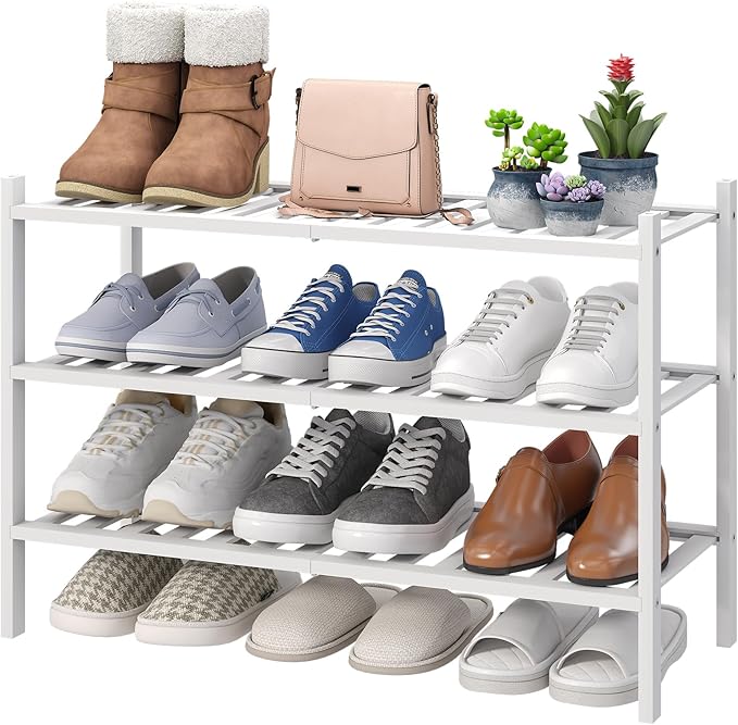 viewcare White Shoe Rack, 3-Tier Bamboo Wood Shoe Rack