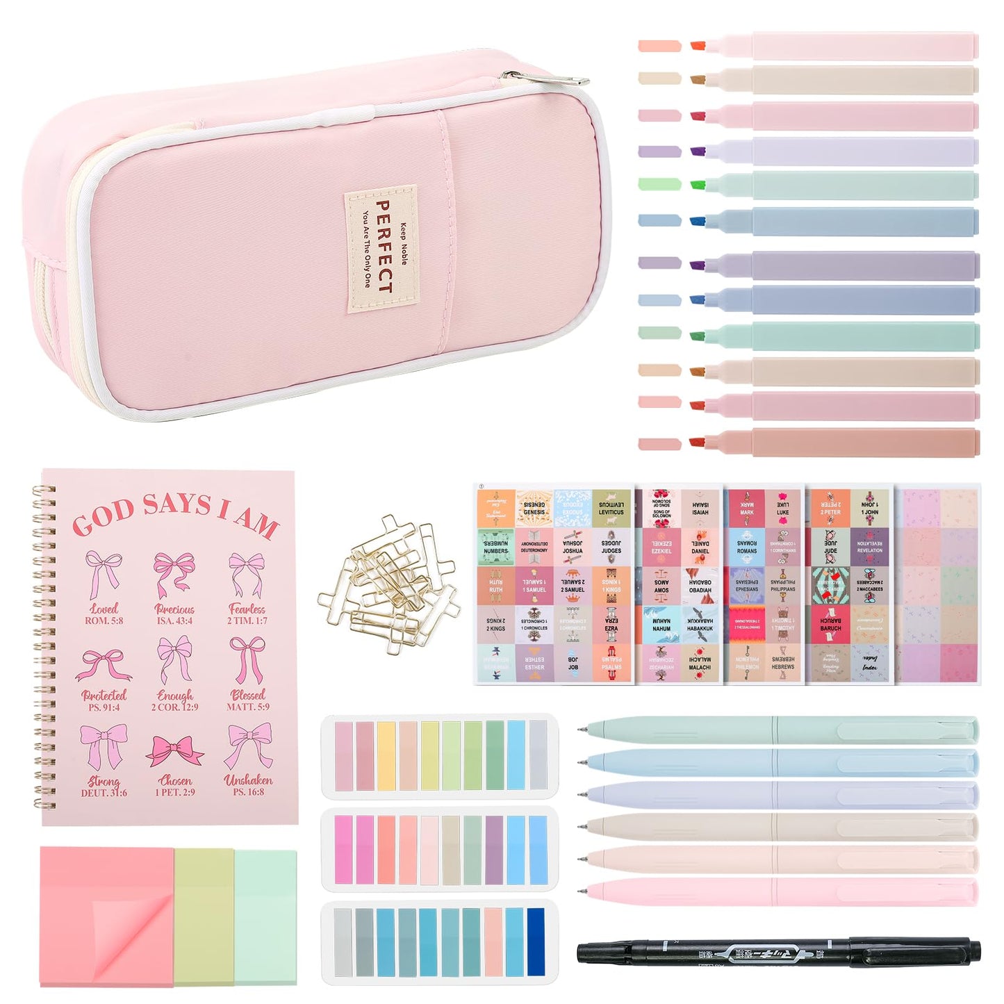 Gorsbark Bible Journaling Kit for Women, Bible Study Supplies Set with No Bleed Highlighters, Pens, Tabs, Notebook, Pencil Case, Christian Gifts for Women, Beginners, Students, Bible Study kit (Pink)