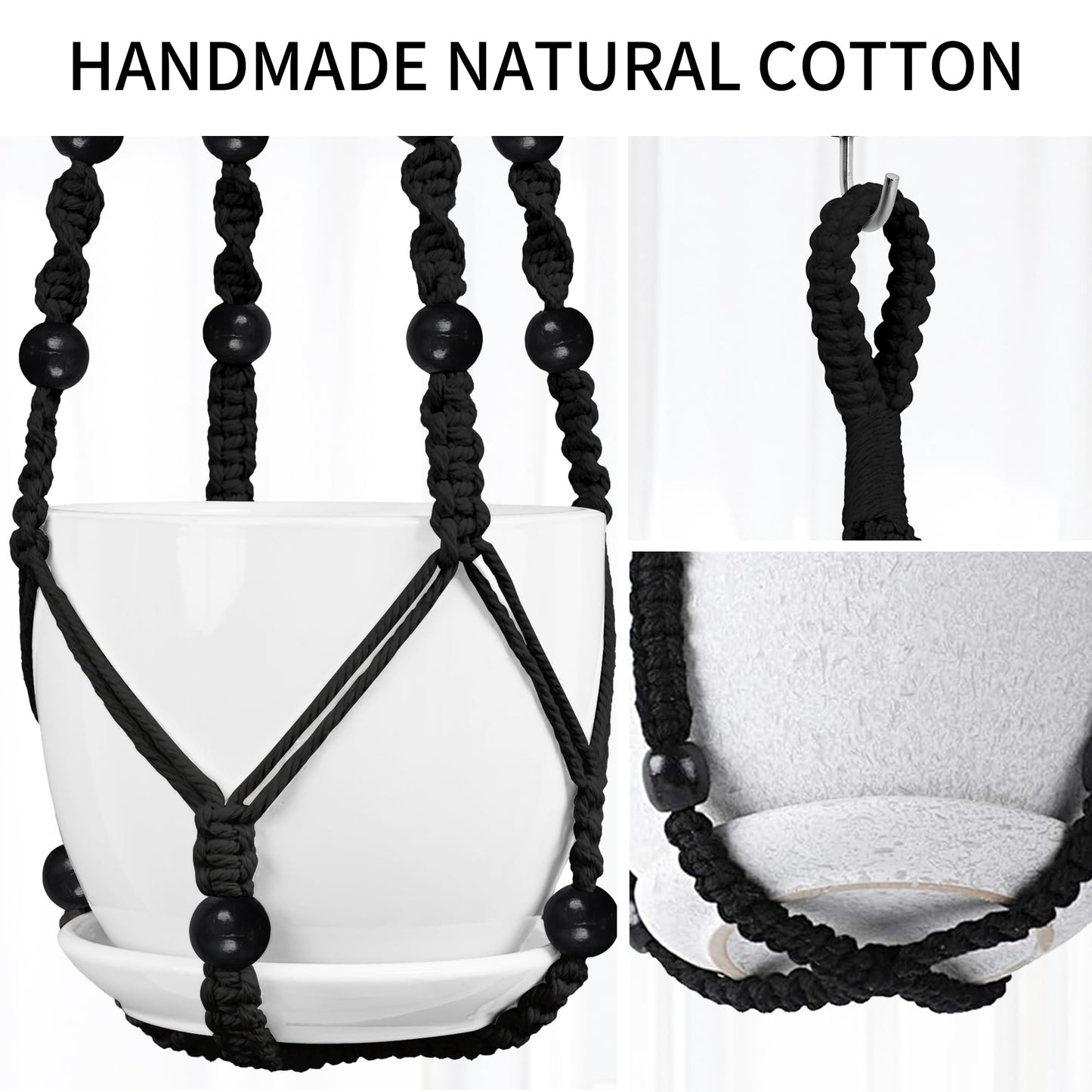 IDEEEPAN Macrame Plant Hanger - Fits 4 to 13 inches Pots for Indoor Outdoor, 35"/29"/23" Different Sizes Set, Black (POTS NOT Included)