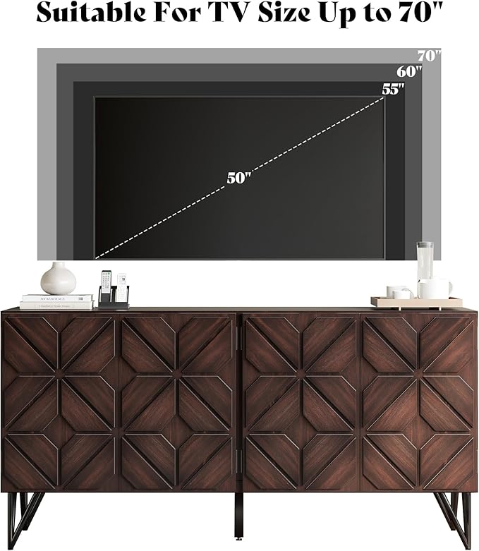 AMERLIFE 63” Solid Acacia Wood Sideboard Buffet Cabinet, Hand-Carved Geometric