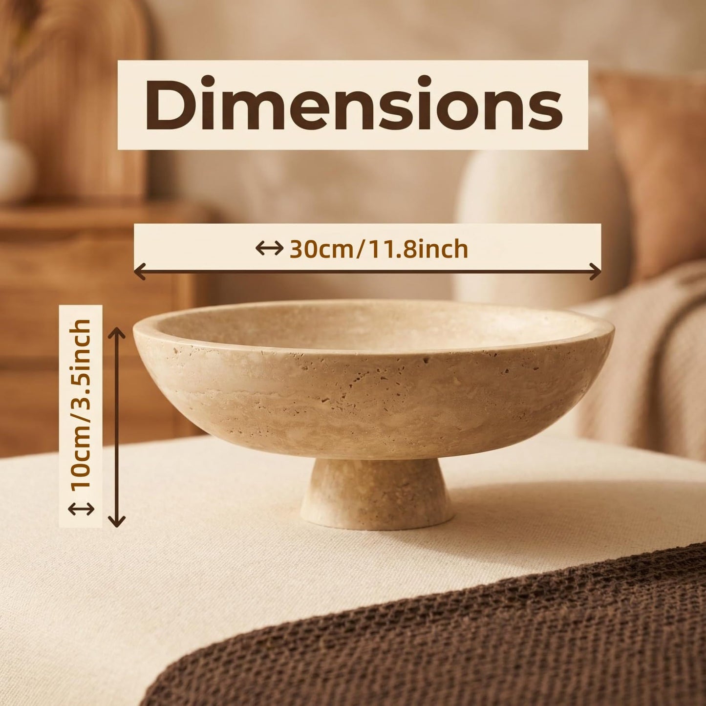 Natural Travertine Fruit Bowl for Kitchen Counter11.8",Large Decorative Bowl & Travertine Bowl Pedestalfor Kitchen Counter & Dining Table ,For Entryway, KitchenFruit Bowl, Dining Table Centerpiece.