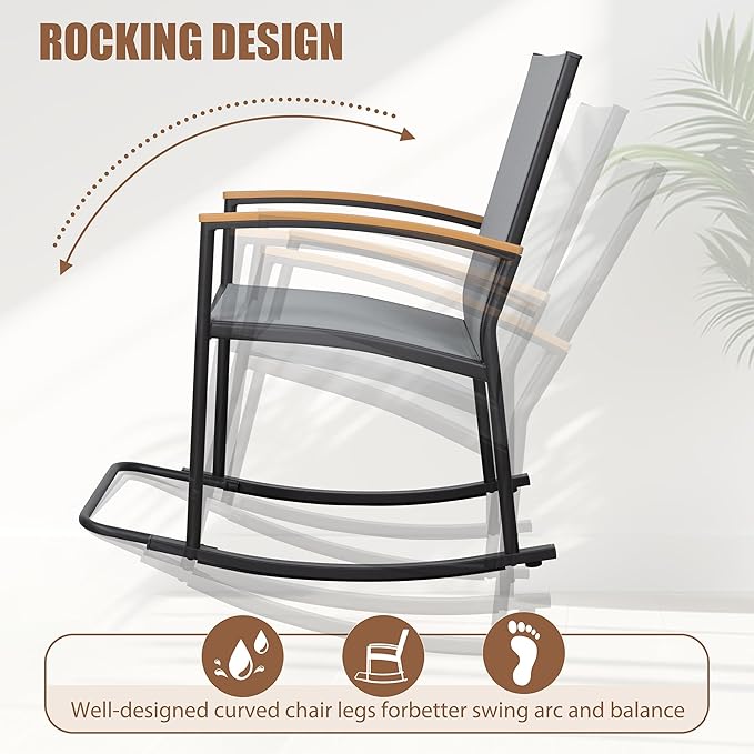 Shintenchi 3 Piece Outdoor Rocking Bistro Set, Textilene Fabric Small Patio