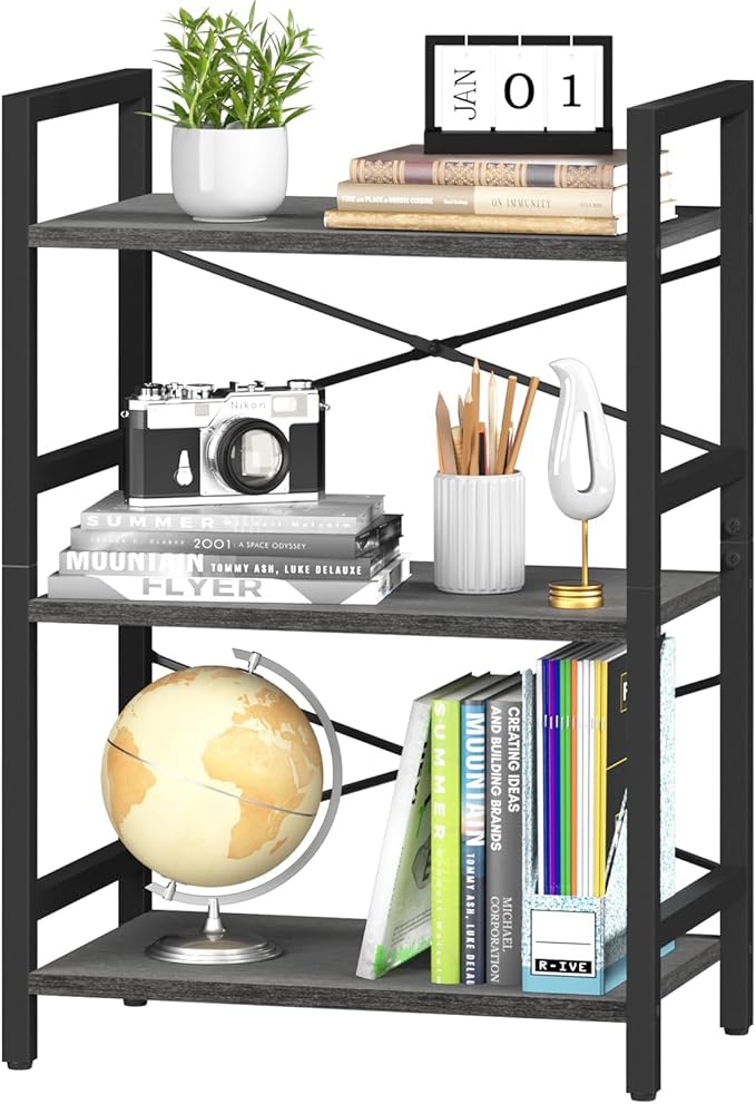 Yoobure Bookshelf Small Book Shelf, Solid Industrial 3 Tier Shelf Bookcase