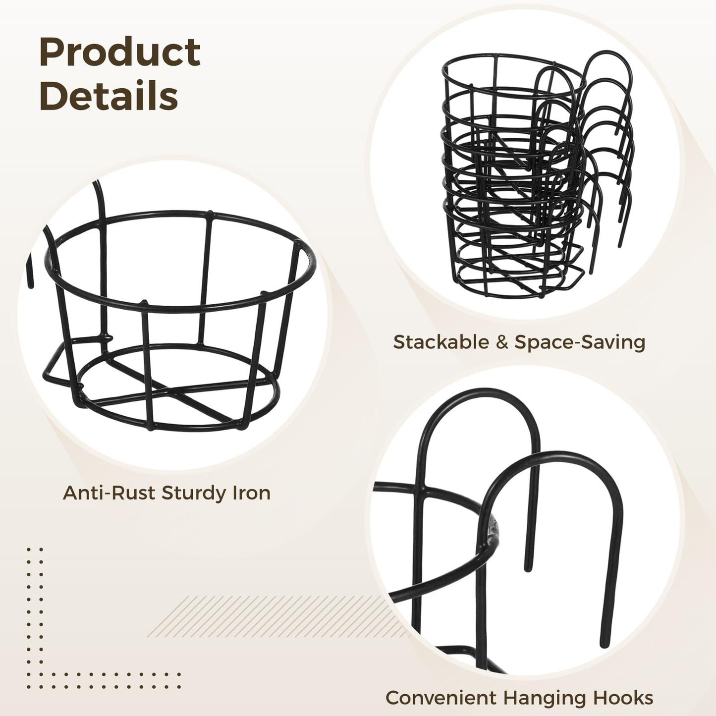 6 PCS Round Hanging Railing Planters, Hanging Flower Stand Iron Baskets, Hanging Planters for Outdoor Plants, Metal Rack Fence Shelf Plant Holder with Hooks for Balconies, Gardens, Indoor Spaces