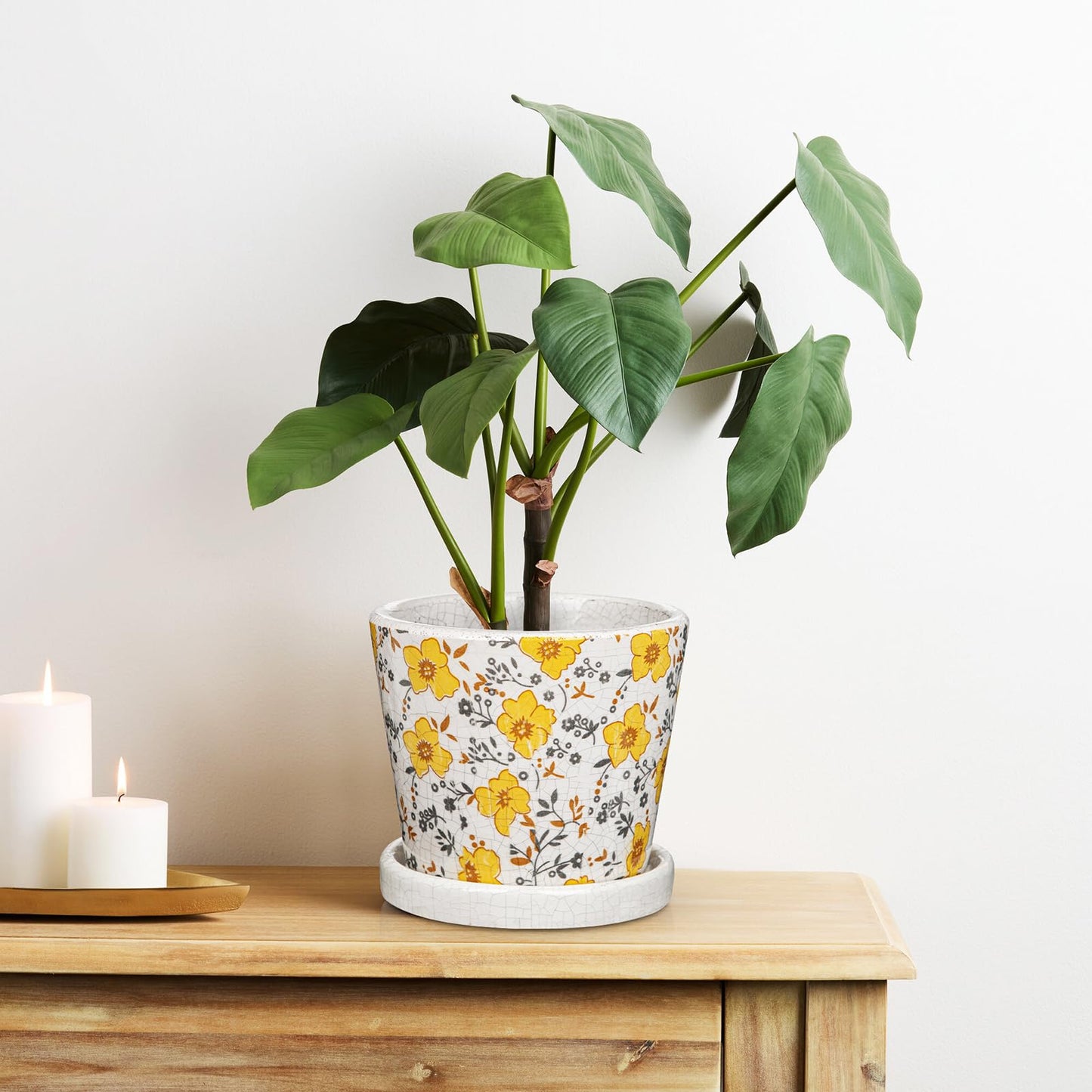 Small Ceramic Pot for Indoor Plants - 5.5 inch Plant Pot with Drainage Hole and Saucer Yellow Flower Decorative Planter Indoor Outdoor Pots for Succulent Cactus Pothos Plant Windowsill Home Garden