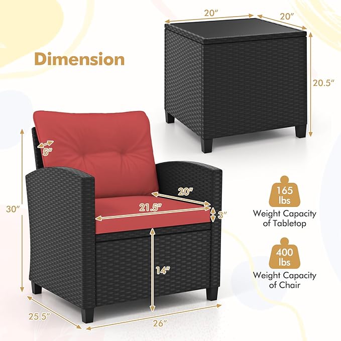 HAPPYGRILL 3 Pieces Wicker Patio Conversation Set, PE Rattan Bistro Sofa Set