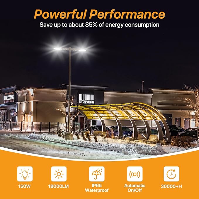 150W Led Parking Lot Light with Dusk to Dawn Photocell 110V/120V Slip Fitter Pole Mount Lights 5000K Outdoor IP65 Waterproof Commercial Street Area Lighting for Parking Lot, Barn, Church