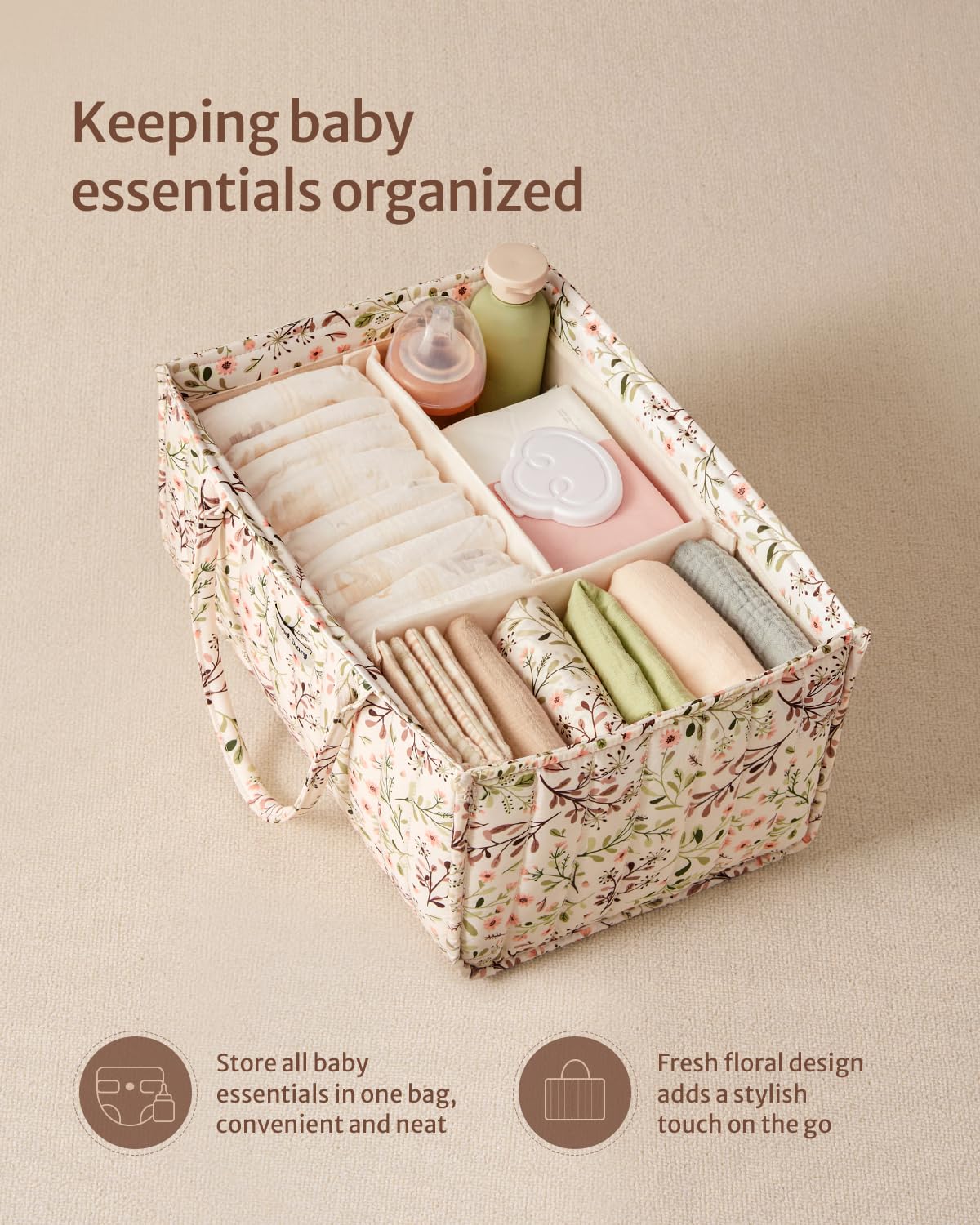Blissful Diary Floral Diaper Caddy Organizer, Stylish Nursery Storage Basket, Gift for Baby Shower, Baby Registry Must Have, Newborn Essentials, Pastoral Daisy