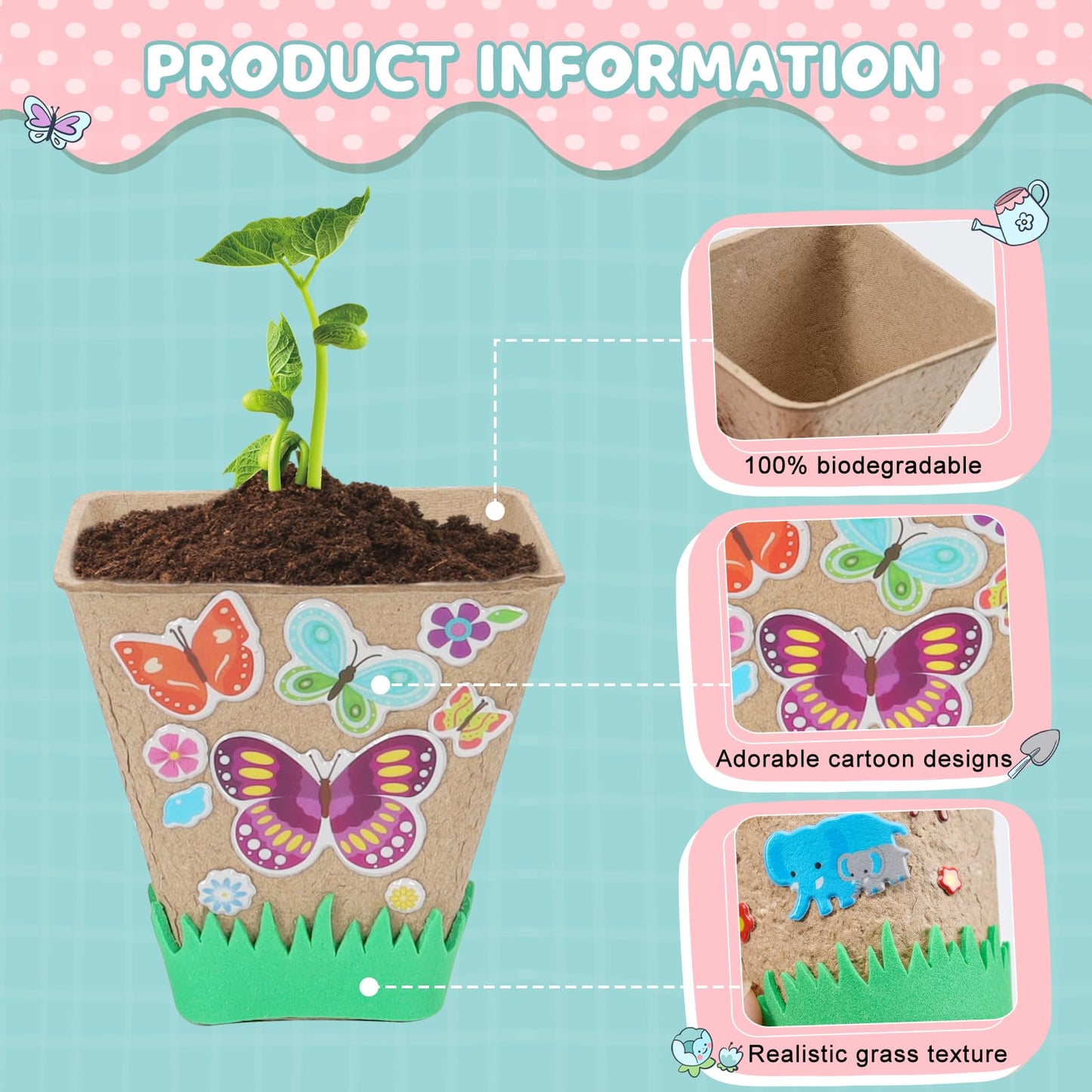 NNG 40 Set Garden Paper Pot Craft Kit,40Pcs Square Paper Mache Pots Peat Plant Pots with 400pcs Adhesive Foam Stickers & 40Pcs Pots Labels,Flower Plant Spring Craft for DIY Flower Planting