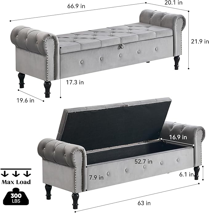 Storage Bench for Bedroom, Velvet 67" End of Bed Bench, King Size Benches