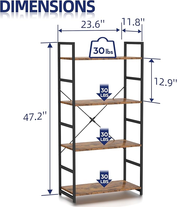 NUMENN 4 Tier Bookshelf, Tall Bookcase Shelf Storage Organizer, Modern Book