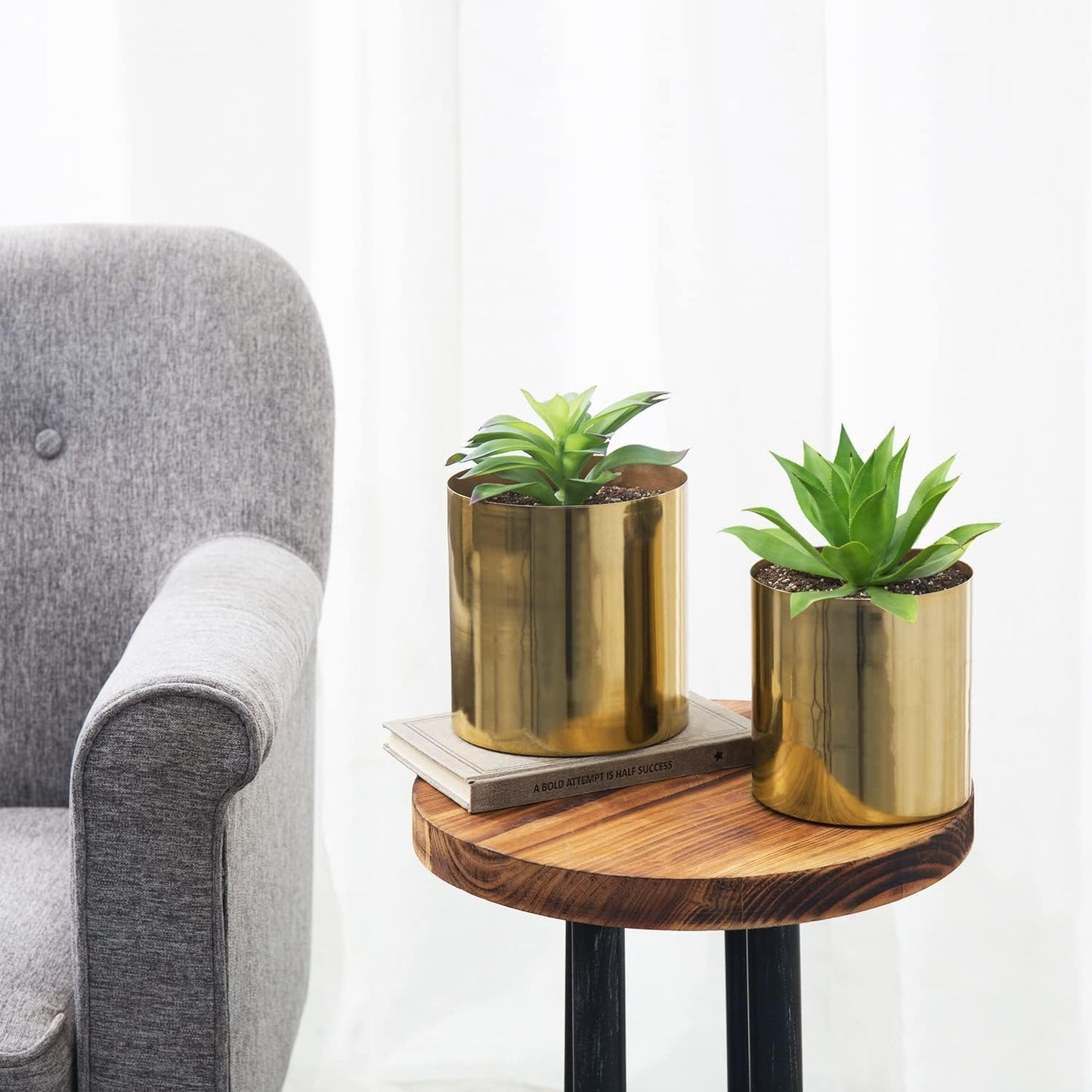 MyGift Set of 2 Handcrafted Shiny Brass-Tone Metal Plant Pots & Flower Vases – Decorative Indoor Table Planters, Handmade in India