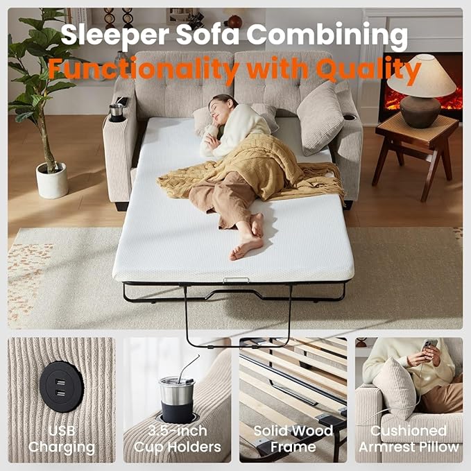 Full Size Pull Out Sleeper Sofa Bed, 2-in-1 Convertible Corduroy Pull Out Couch