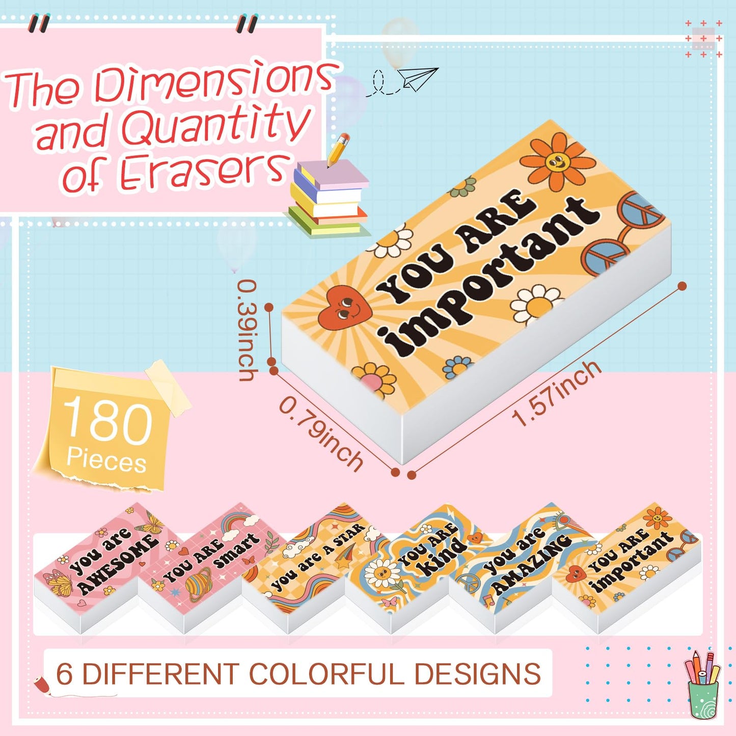Resurhang 180 Pcs Erasers Bulk for Kids Inspirational Pencil Erasers Bulk for Drawing Motivational Big Eraser School Supplies for Classrooms Back to School Office (Inspirational,Boho)