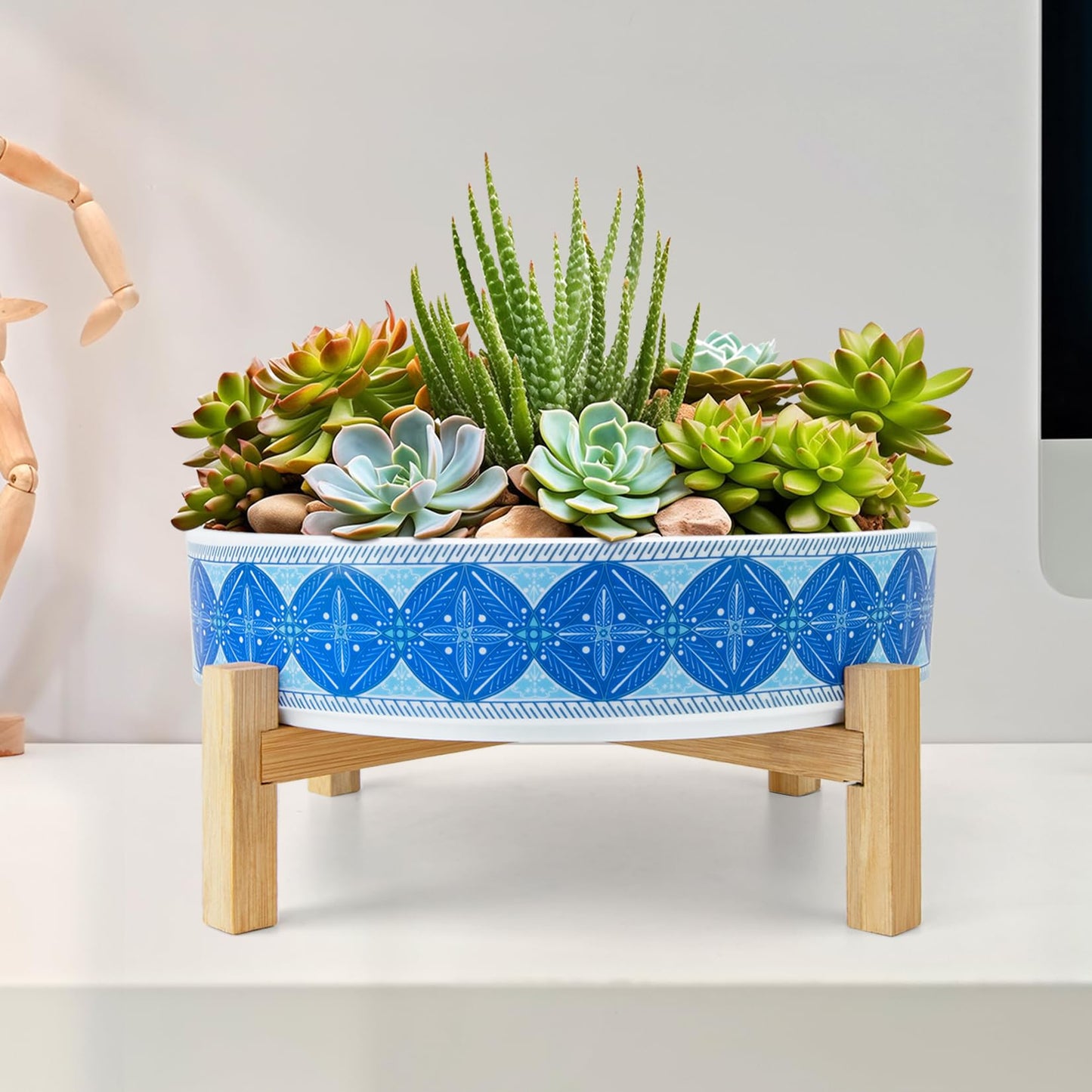 ARTKETTY Succulent Pots - 11 Inch Large Plant Pots Ceramic Bonsai Pots with Drainage Stand, Shallow Succulent Planters for Indoor Plants Decorative Flower Cactus Planter Bowl