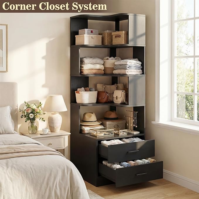 Armocity Corner Bookshelf with Drawers, 7 Tier Corner Book Shelf Display