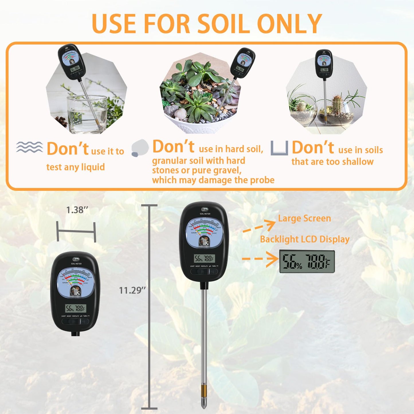 7-in-one Soil Test Kit, Soil Moisture Meter/PH Meter/Sunlight Intensity/Fertility Soil Tester, LCD Display Air & Soil Hygrometer Temperature for Hous Plants Garden, Farm, Lawn Care Moisture Meter
