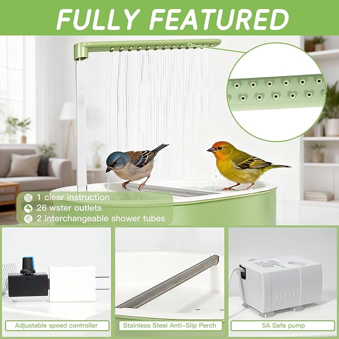 Automatic Parakeet Bird Bath for Cage Large Parrot Shower Bath with Adjustable Water Flow Bird Shower Fountain Indoor Bathtub Stainless Perch Bird Cage Accessory for Birds Cockatiel Conure Budgie