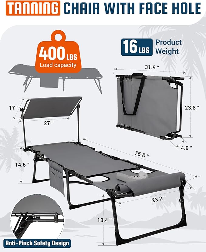 KingCamp Lounge Chair with face Hole & Canopy Shade, 400LBS Folding Portable