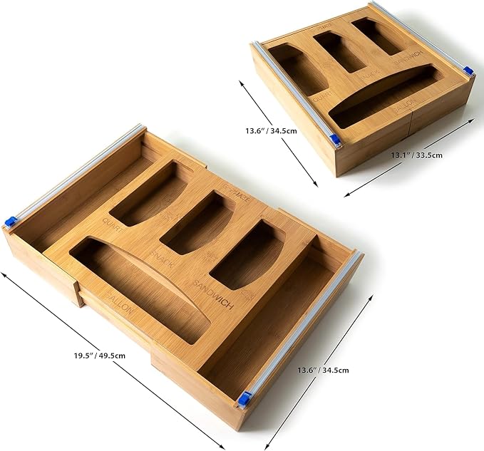 Forest & Twelfth Expandable Bamboo Kitchen Drawer Organizer for Storage Bags, Gallon, Quart, Snack, Sandwich Size, Plastic Wrap Foil Dispenser with Prep Bag Holder, Eco-Friendly Kitchen Organization