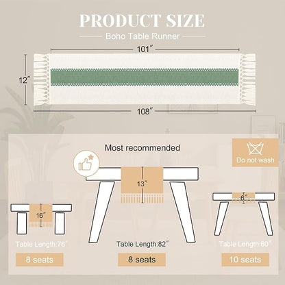 FEXIA Boho Table Runner for Home Decor with Tassels 108 Inches Long,Sage Green Farmhouse Rustic Table Runner Macrame Burlap Table Decoration for Living Room Bridal Shower(12x108 Inches)