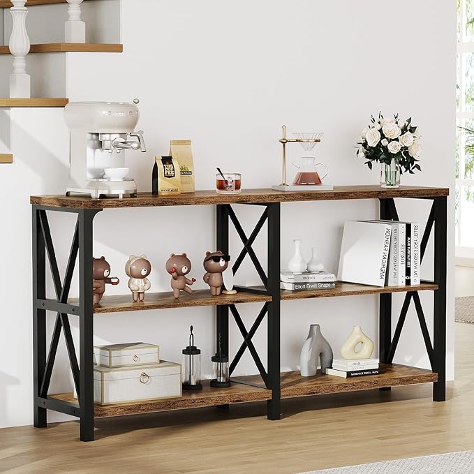 LVB Wood Console Table, Rustic 3 Tier Sofa Table Behind Couch, Industrial Metal