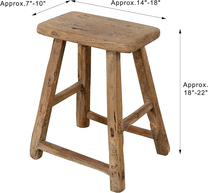 Artissance Vintage Wooden Stool, Solid Natural Wood 12–20" W x 6–9" D x 18–22" H