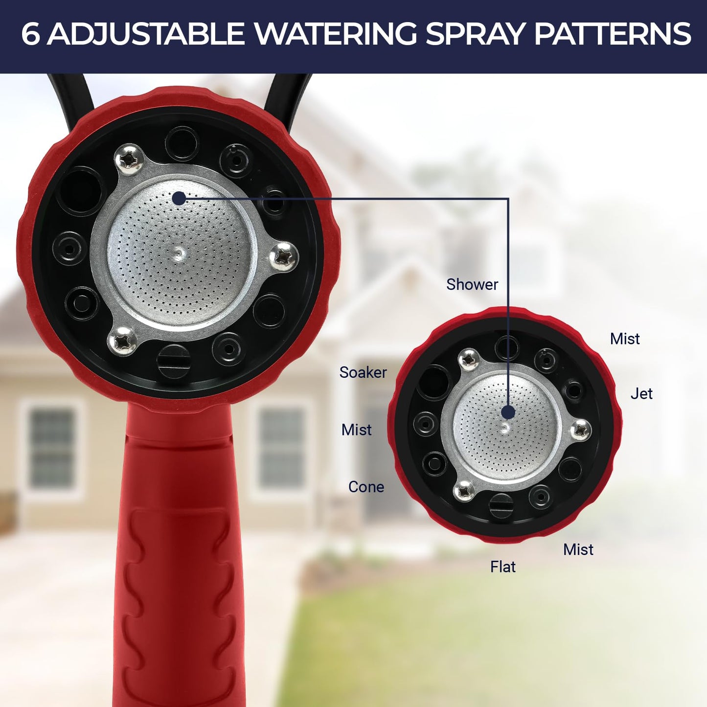 HugeDawn Garden Hose Nozzle, 6 Spray Patterns Heavy Duty Metal Water Nozzle with High Pressure for Watering, Cleaning, Washing (Red)
