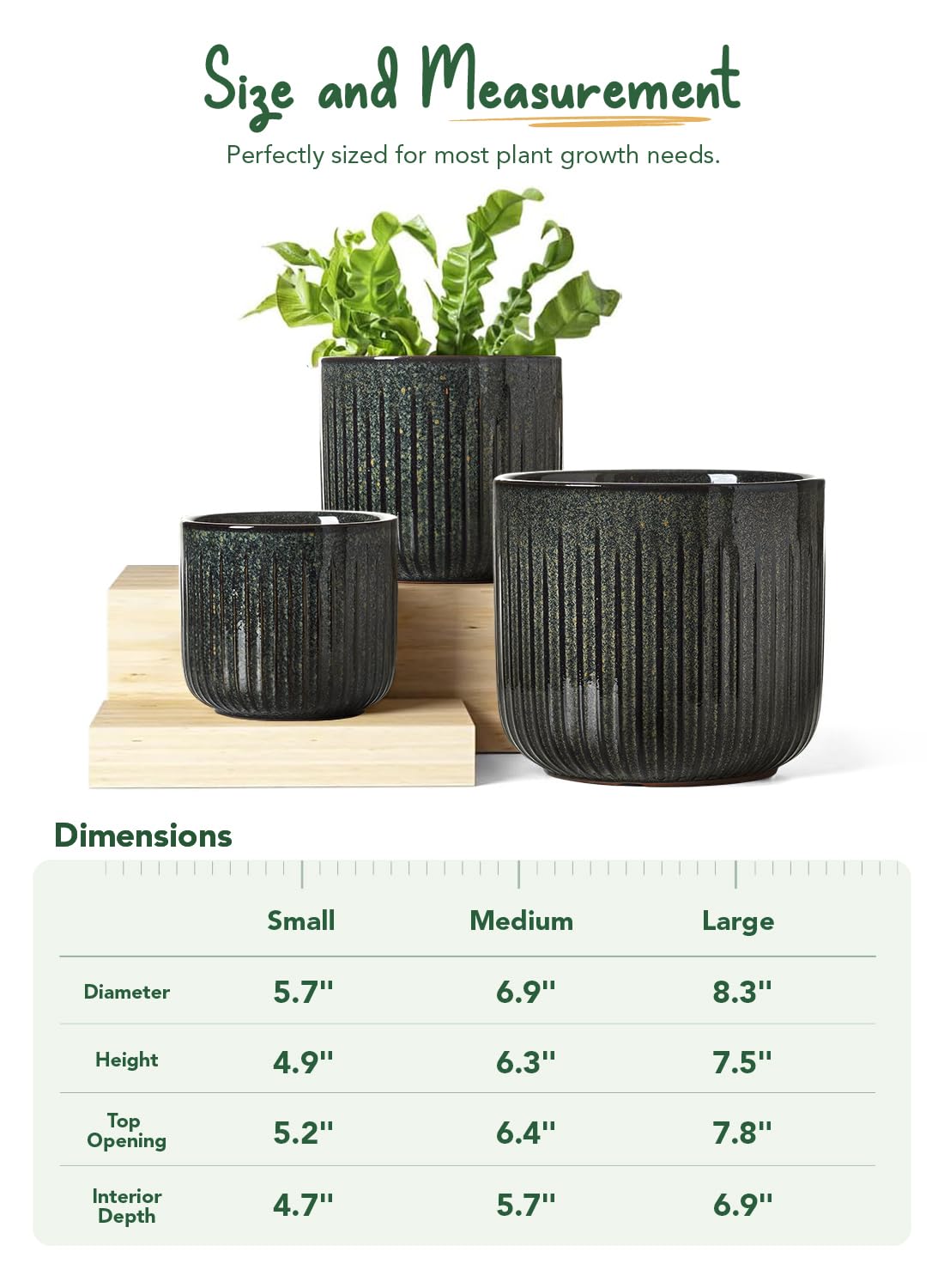 LE TAUCI Ceramic Pots for Plants, 8.3/7/6 Inch Indoor Planters with Drainage Holes & Mesh, Modern Glossy Glaze Cylinder Fluted Plant Pot for Snake Plant, Set of 3, Dark Olive