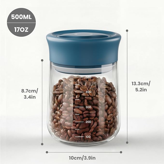 LAKUMIQI Overnight Oats Containers with Lids, 17oz Glass Jars with Airtight Lids, One-Hand 90° Twist-Off Wide Mouth Food Storage for Coffee Bean, Chia Pudding, Meal Prep, Pantry, Blue