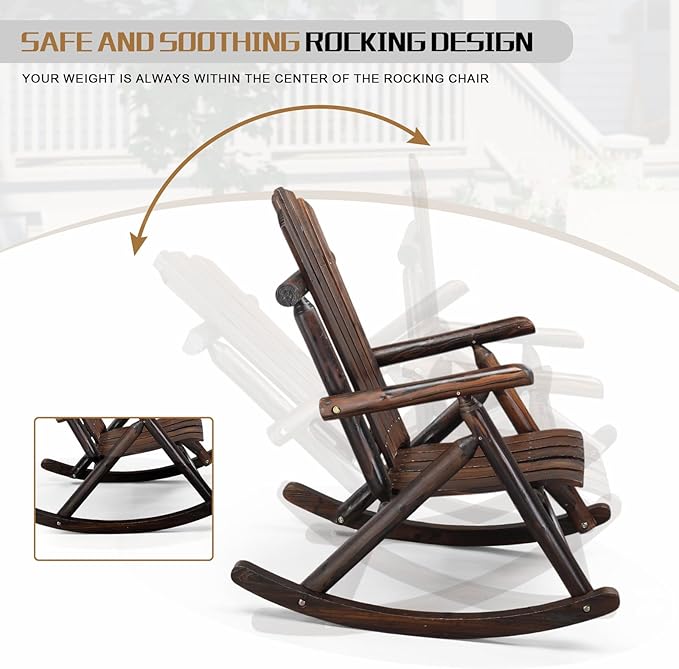Outvita Wooden Rocking Chair, Fir Log Adirondack Rocker, Outdoor Wood Accent