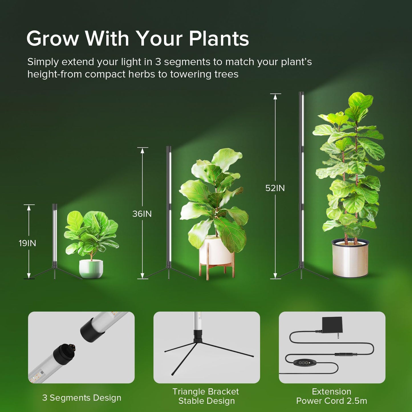 SGLEDS 55W Standing Plant Grow Light for Indoor Plants, Full Spectrum Grow Lights with Dimmer & Timer, Plant Lights for Large Houseplants, Indoor Garden Rack, Balcony & Greenhouse