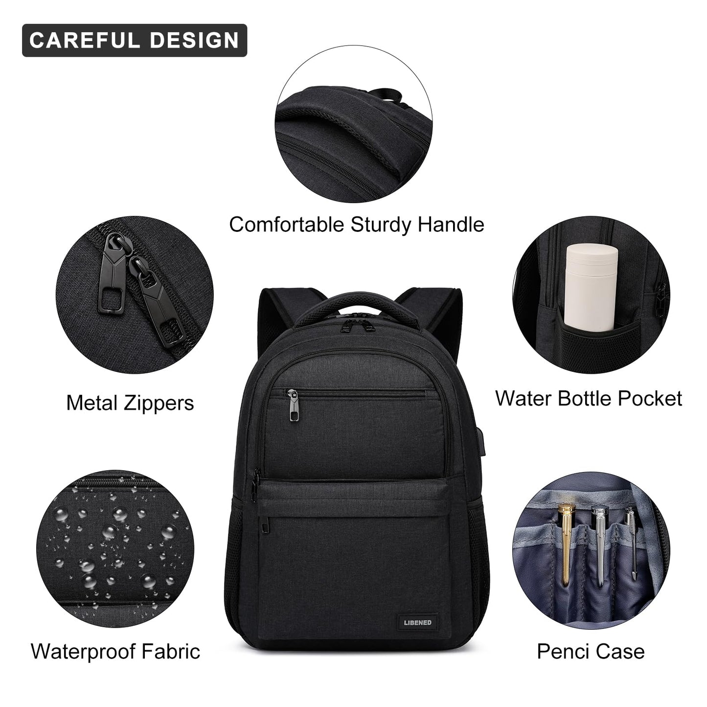 LIBENED School Backpack for Teen Boys Mens, 15.6 Inch Laptop Backpack, College High School Book Bag for Students, Black