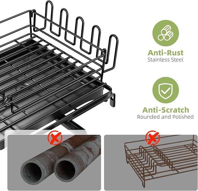 Ekisemio Expandable Dish Drying Rack with Utensil Holder & Drip Tray, Black | Ekisemio 12.7"-21.7" Expandable Dish Rack | 360° Swivel Spout | Steel Frame | Dual Utensil Holder | Tool-Free | Anti-Slip