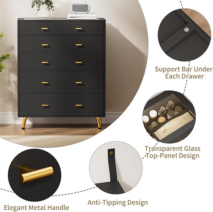 Drawer Dresser with LED Lights, 30.7" W x 39" H Tall Tempered Glass Top Dresser