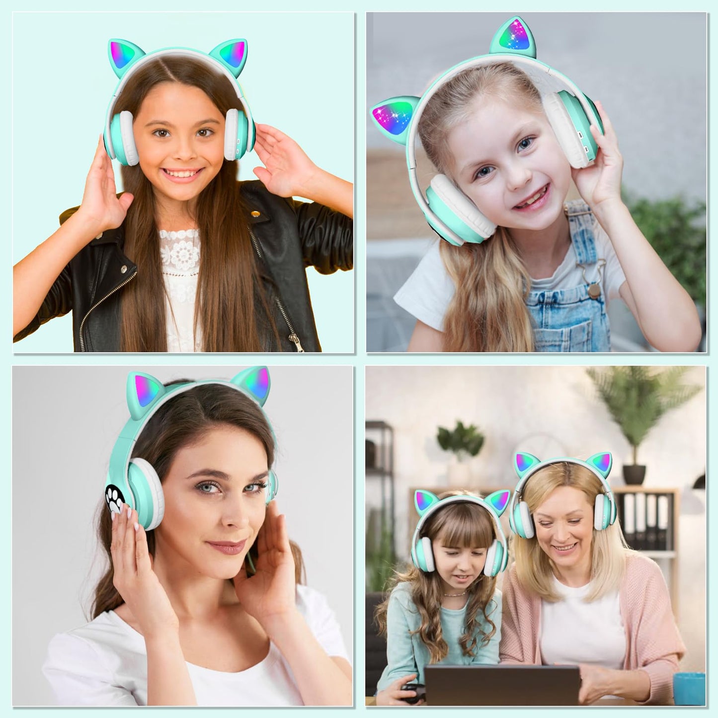 KERHAND Bluetooth Headphones for Kids, Cute Ear Cat Ear LED Light Up Foldable Headphones Stereo Over Ear with Microphone/TF Card Wireless Headphone for iPhone/iPad/Smartphone/Laptop/PC/TV (Green)