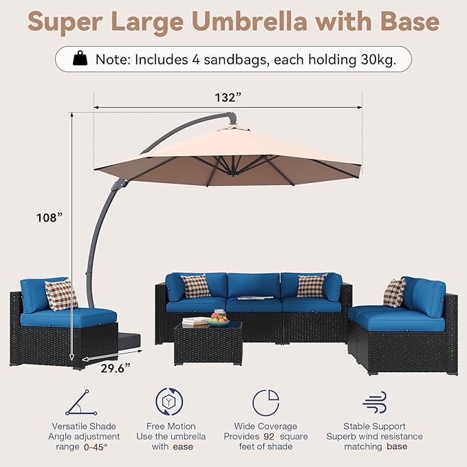 Aoxun Patio Furniture Set with Umbrella, 8 Piece Outdoor Sectional Sofas