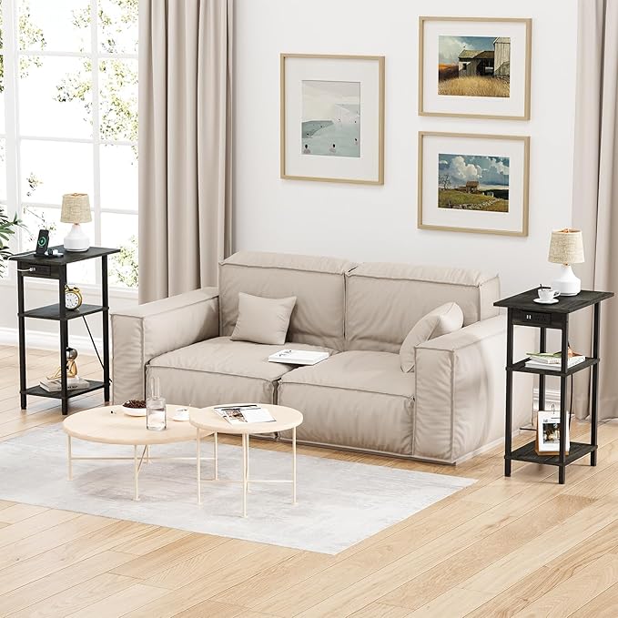 Asgolion Tall End Table with Charging Station, Skinny Nightstand with USB Ports