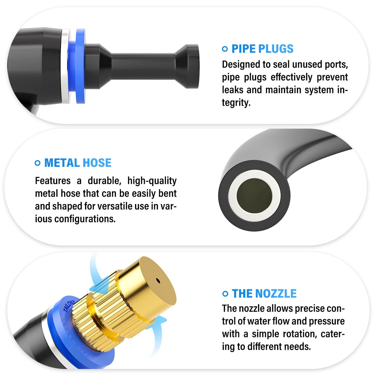 TAILONZ PNEUMATIC Brass Misting Nozzles with Tee Fittings – 12" Hose, 360° Adjustable Spray for Patio Cooling, Watering, and Outdoor Misting Systems 10PCS