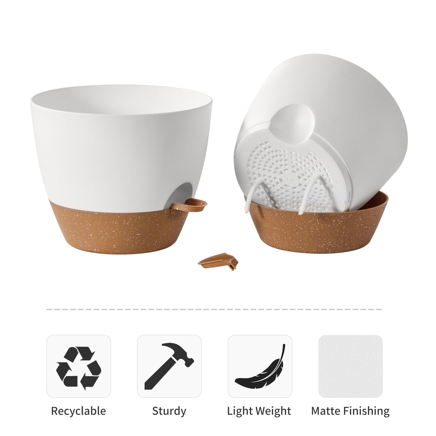 FaithLand 3-Pack Planter Pots, 10 9 8 Inch Self Watering Flower Pots for Indoor Outdoor Garden Plants, White with Brown