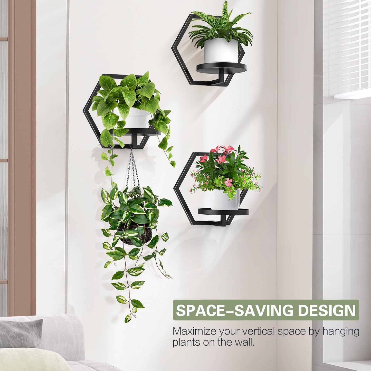 JOPBENG 3 Packs Wall Planters for Indoor Plants, 7.9inch Metal Wall Plant Holder Hanger Wall Decor, Wall-Mounted Hanging Planters Window Plant Shelves Outdoor(Black)