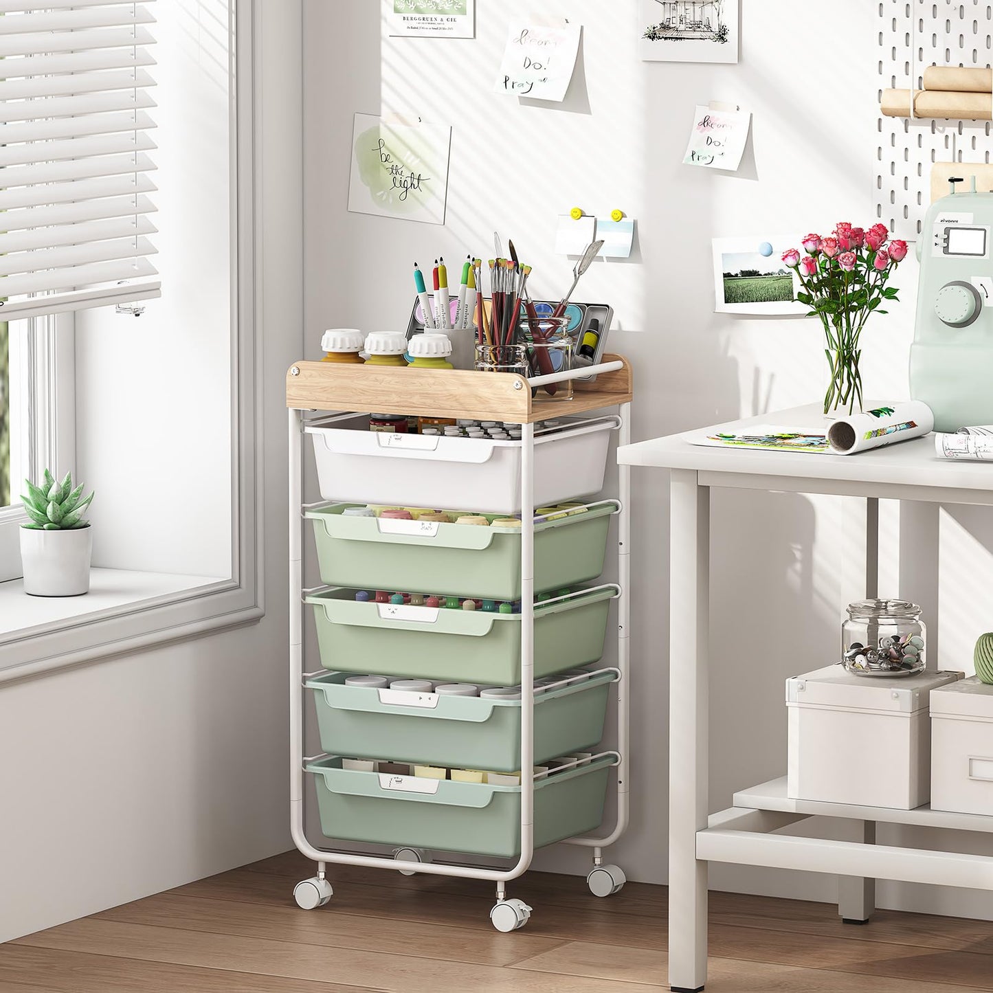 APEXCHASER Utility Cart with 5 Drawers,Rolling Storage Cart for Crafters Artists Kids Teacher Student Storage Arts Crafts & Sewing Study Supplies in Craft Room Dorm Classroom Kids Room-Green