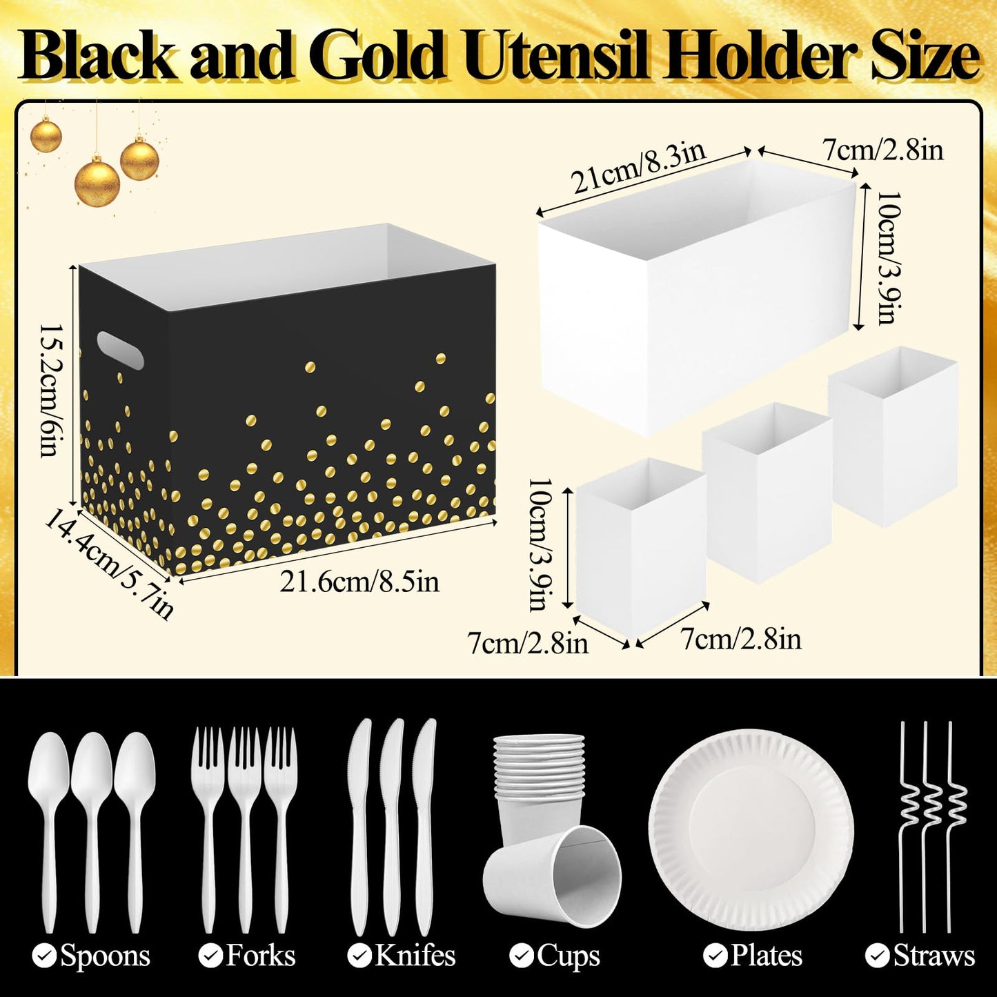 AKAIXI 2PCS Black and Gold Utensil Holder Paper Utensil Caddy for Retirement Party Supplies Cutlery Holder with Handles Black and Gold Party Favors Disposable Cutlery Caddy for Birthday Decorations