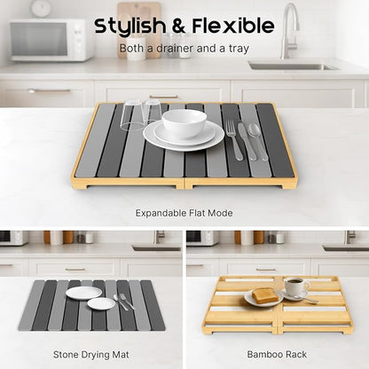 ArtyCozy Extra Large Rollable Stone Drying Mat with Foldable Bamboo Dish Drying Rack for Kitchen Counter, Super Absorbent Diatomaceous Earth and Quick Drying Rack, 27"×17", Dark and Light Grey