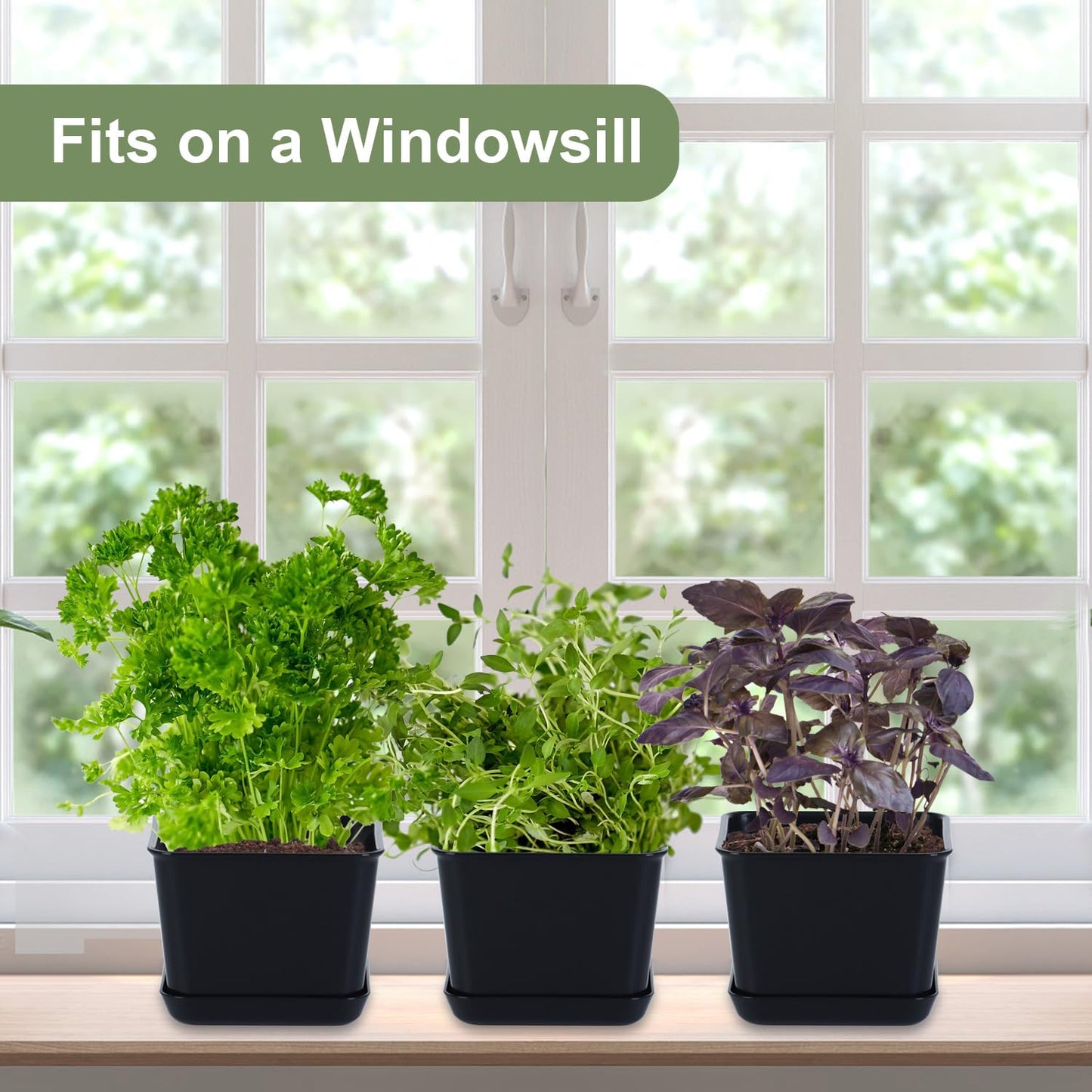 Oliz Herb Garden Planter Indoor Kit Pots for Indoor/Outdoor Plants 4 Packs Windowsill Plant Pots with Drainage and Tray, Window Pot for Indoor Plants (Black)