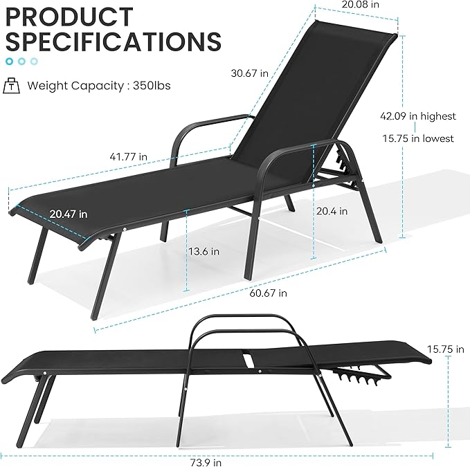 Crestlive Products Outdoor Chaise Lounge Chair, 5-Position Pool Lounge Chairs