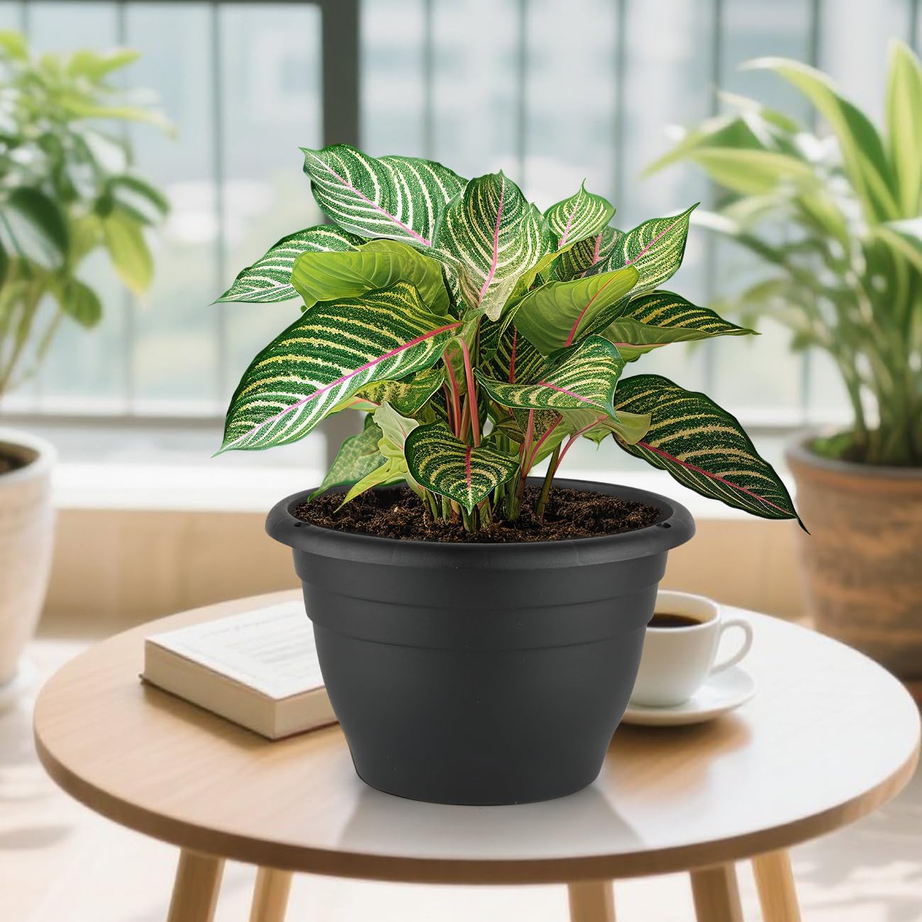 RooTrimmer 5 Pack 10 Inch Plant Pots Plastic Planters with Drainage Holes & Plugs,Lightweight Flower Pots for Indoor Outdoor Plants,Flowers,Monstera,Snake Plant,Home Garden(Black)